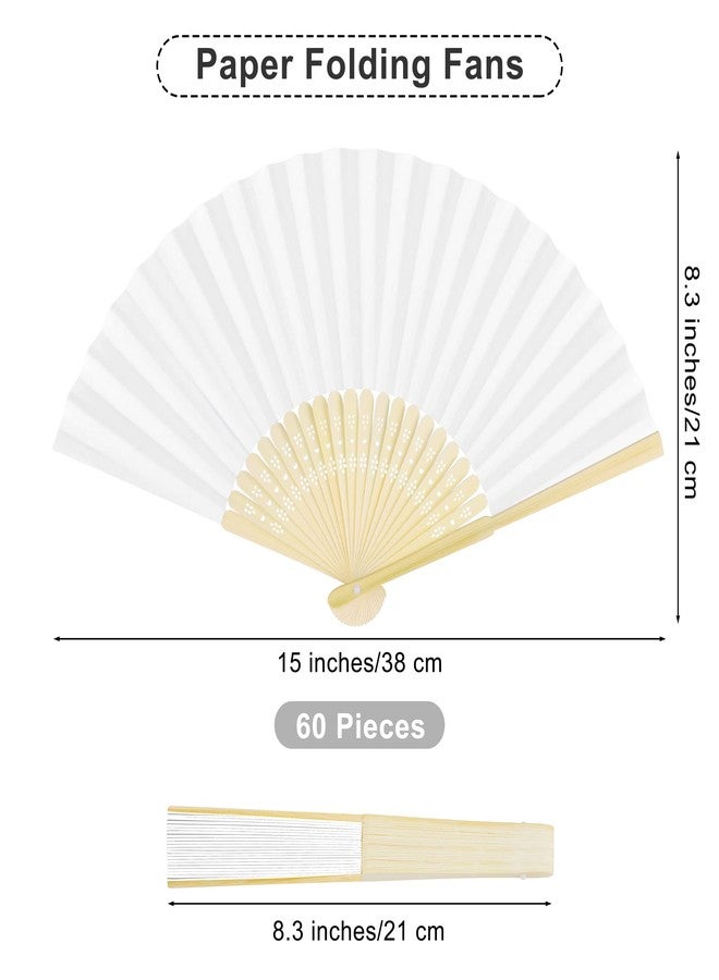 Aodaer 60 Pieces Paper Folding Fans Bamboo Handheld Fans Paper Folded Fans for Wedding Gift, Party Favors, DIY, Home Decoration, White - Image 2